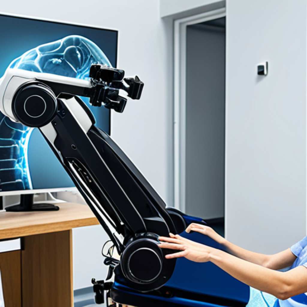 **

A modern rehabilitation center. A diverse team of specialists (doctor, physical therapist, psychologist) is working collaboratively with a patient in a wheelchair. High-tech equipment is visible in the background (robotic arm, virtual reality setup). The scene emphasizes hope, progress, and the integration of technology in rehabilitation. Focus on creating a realistic and empathetic representation.

**