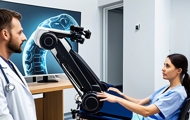 **

A modern rehabilitation center. A diverse team of specialists (doctor, physical therapist, psychologist) is working collaboratively with a patient in a wheelchair. High-tech equipment is visible in the background (robotic arm, virtual reality setup). The scene emphasizes hope, progress, and the integration of technology in rehabilitation. Focus on creating a realistic and empathetic representation.

**