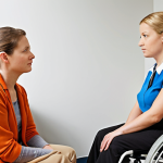 **Rehabilitation Consultation:** A warm and empathetic rehabilitation consultant listens attentively to a person with a disability, creating an atmosphere of trust and hope during their initial consultation. The setting is a bright and comfortable office.