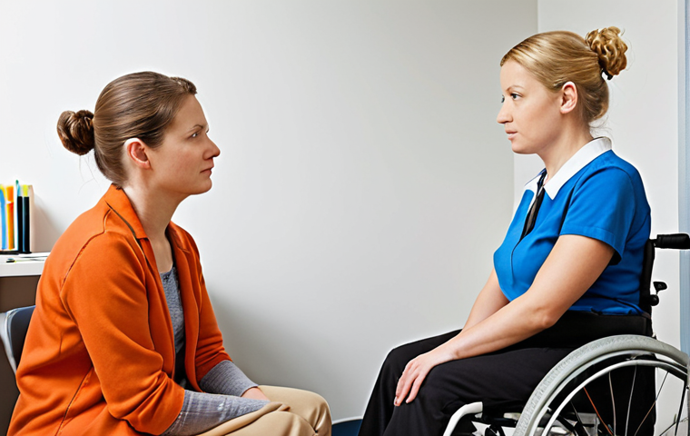 **Rehabilitation Consultation:** A warm and empathetic rehabilitation consultant listens attentively to a person with a disability, creating an atmosphere of trust and hope during their initial consultation. The setting is a bright and comfortable office.