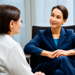A professional rehabilitation consultant, fully clothed in modest business attire, is seated with a person in a modern, adapted home environment. The individual, also fully clothed in comfortable, appropriate attire, is engaging in a calm, focused conversation, with warm lighting and subtle accessibility features like grab bars or widened doorways visible in the background. The scene emphasizes trust, empathy, and a personalized, socially-oriented approach to rehabilitation within the familiar surroundings of one's home. Perfect anatomy, natural pose, well-formed hands, correct proportions. High-quality professional photography, natural lighting, safe for work, appropriate content, family-friendly.