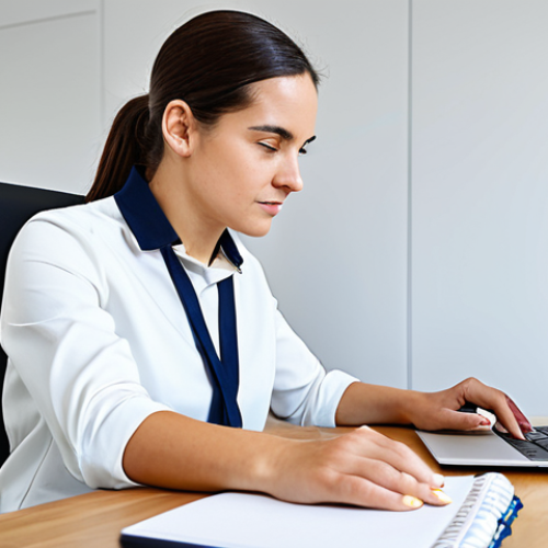 A focused female rehabilitation specialist in a modest business casual outfit, fully clothed, sitting at a sleek desk in a modern, well-lit home office. She is attentively looking at a laptop screen, which displays a professional online course interface. A neat stack of rehabilitation textbooks and a notepad are on the desk. The atmosphere is calm and studious, emphasizing continuous professional development. Perfect anatomy, correct proportions, natural pose, well-formed hands, proper finger count, natural body proportions, professional photography, high quality, safe for work, appropriate content, professional, family-friendly.
