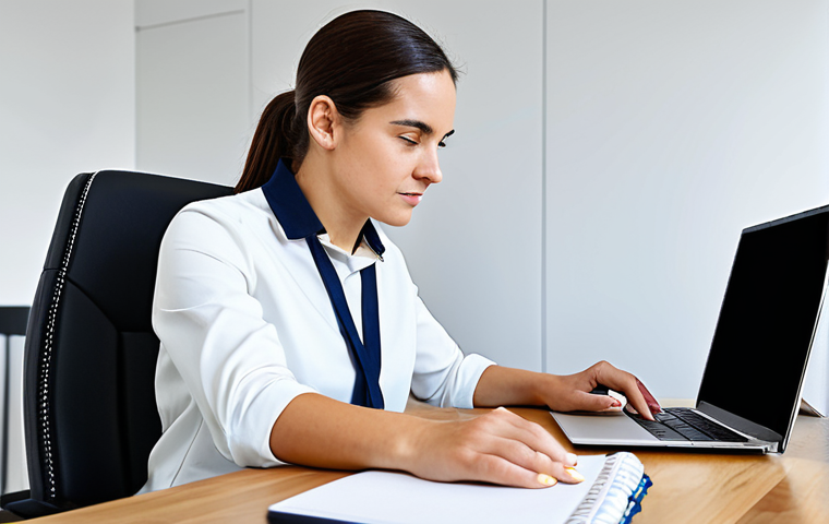 A focused female rehabilitation specialist in a modest business casual outfit, fully clothed, sitting at a sleek desk in a modern, well-lit home office. She is attentively looking at a laptop screen, which displays a professional online course interface. A neat stack of rehabilitation textbooks and a notepad are on the desk. The atmosphere is calm and studious, emphasizing continuous professional development. Perfect anatomy, correct proportions, natural pose, well-formed hands, proper finger count, natural body proportions, professional photography, high quality, safe for work, appropriate content, professional, family-friendly.