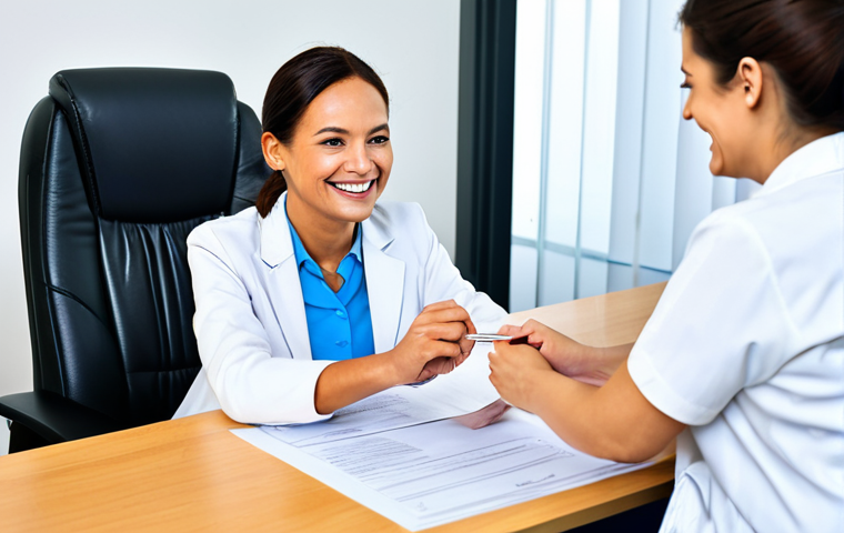 장애인재활상담사와 신체 재활 - **

"A friendly rehabilitation consultant, fully clothed in professional attire, sitting at a desk a...