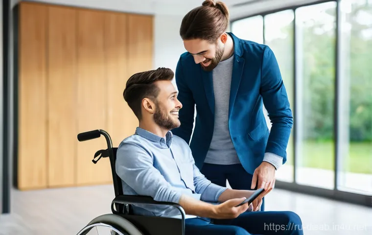 장애인재활상담사와 장애인 돌봄 시스템 - **Prompt:** A warm and inspiring scene featuring a rehabilitation consultant (a woman in her late 30...