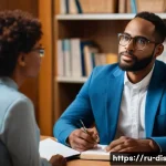 장애인재활상담사 감정노동 극복법 - A compassionate social worker sitting in a cozy office, attentively listening to a middle-aged clien...