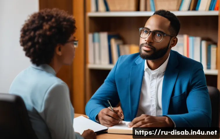 장애인재활상담사 감정노동 극복법 - A compassionate social worker sitting in a cozy office, attentively listening to a middle-aged clien...