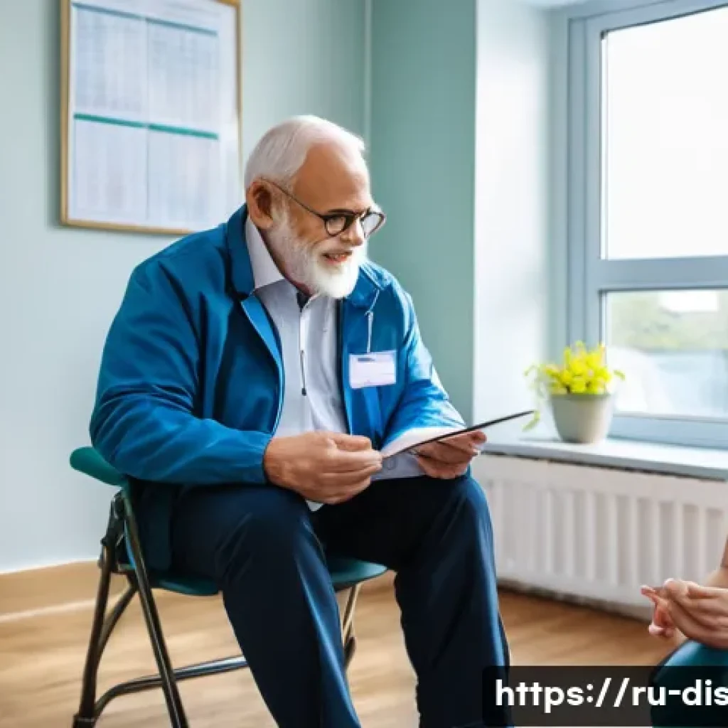 장애인재활상담사 진로 코칭 - A compassionate rehabilitation consultant attentively listening to a middle-aged Russian client in a...