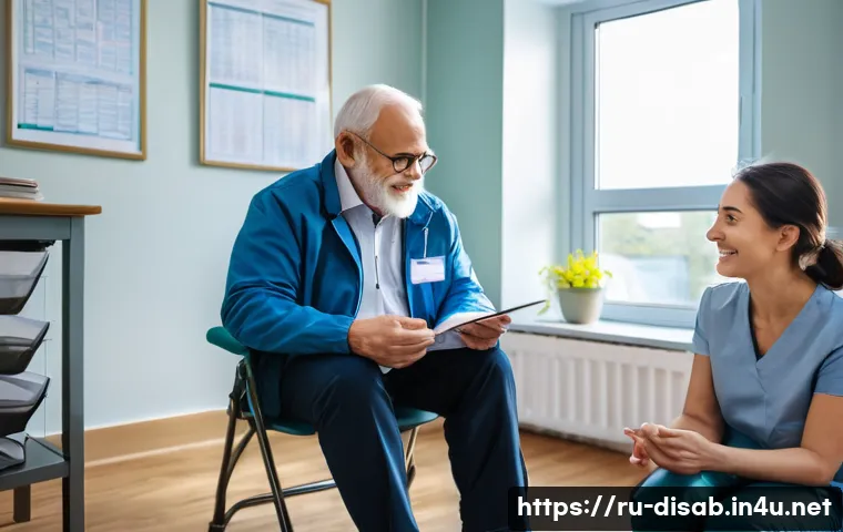 장애인재활상담사 진로 코칭 - A compassionate rehabilitation consultant attentively listening to a middle-aged Russian client in a...