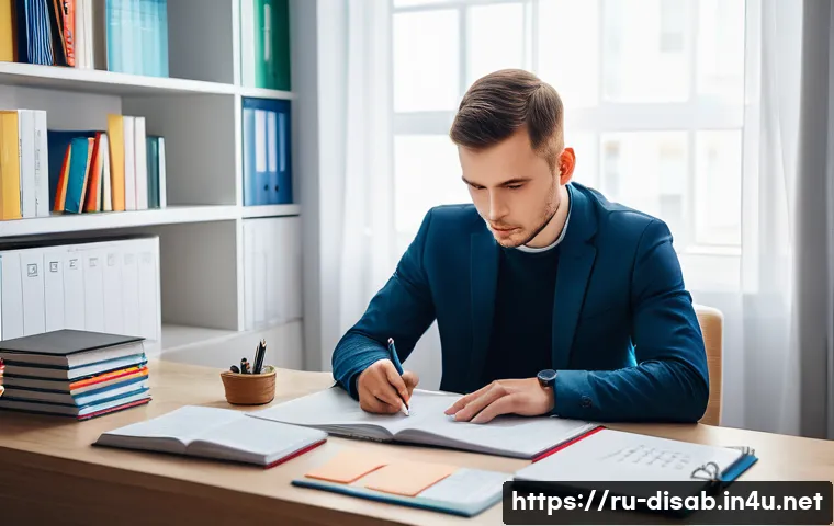 장애인재활상담사 자격시험 난이도 - A detailed scene of a professional rehabilitation consultant preparing for an exam in a modern Russi...
