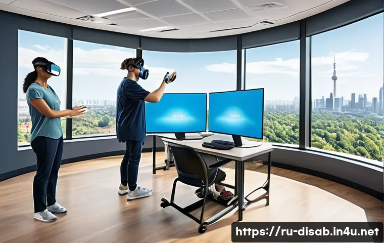 장애인재활상담사 실무 연수 - A modern rehabilitation training classroom featuring diverse adult students practicing virtual reali...