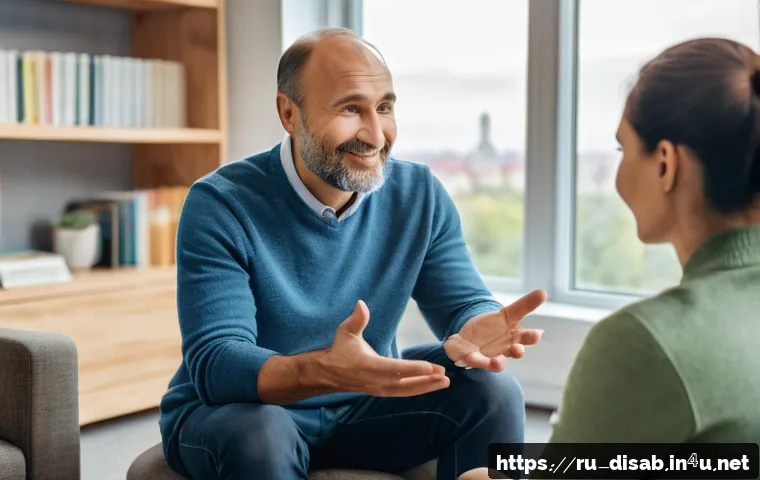 장애인재활상담사 직업의 중요성 - A compassionate rehabilitation counselor engaging in a motivational conversation with a middle-aged ...