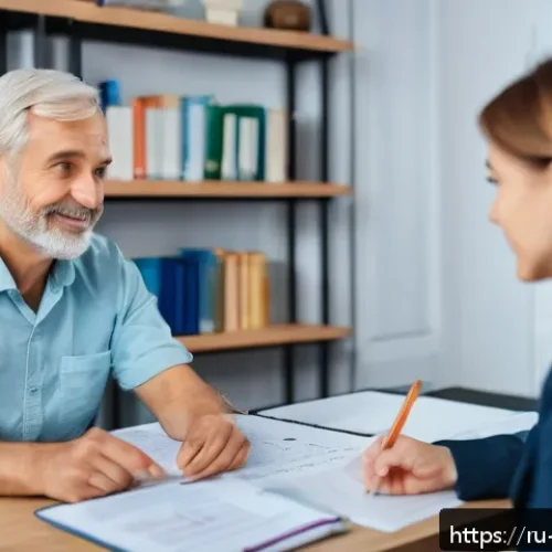 Home 30 장애인재활상담사 직무 적성 검사 - A compassionate rehabilitation consultant attentively listening to a middle-aged Russian client in a...