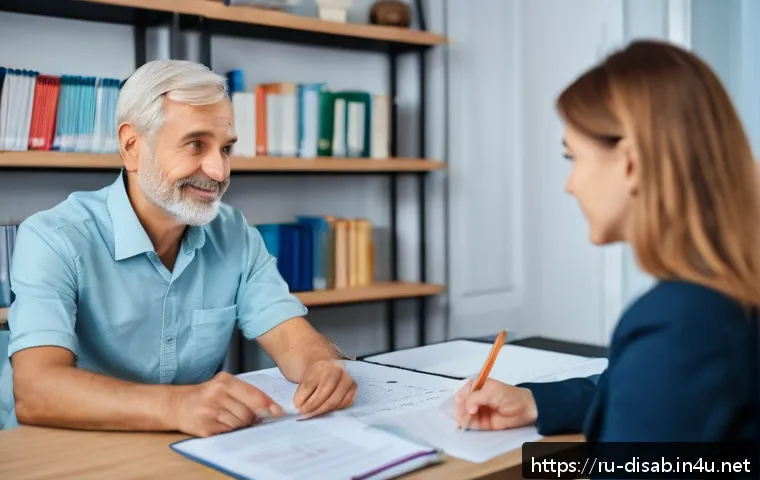 장애인재활상담사 직무 적성 검사 - A compassionate rehabilitation consultant attentively listening to a middle-aged Russian client in a...