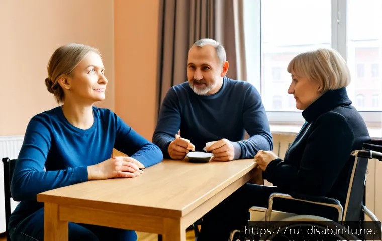 Home 17 장애인재활상담사와 가족 상담 - Photorealistic family counseling session in a modern rehabilitation center in Moscow, compassionate ...